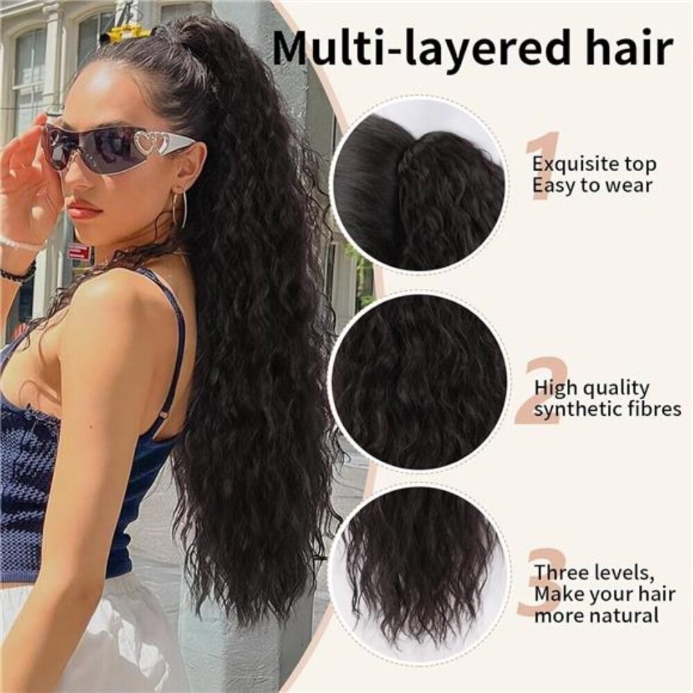 Claw Long Wavy Ponytail Extension Black Brown 30" Curly Pony Tail Clip - Picture 2 of 7